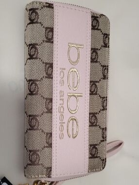 bebe Pink and Brown Signature Jacquard Zip Wallet